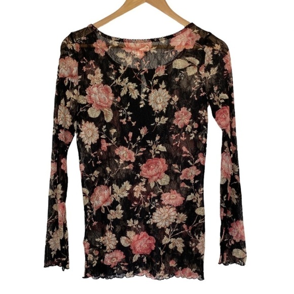 DENIM & Supply Floral Print Blouse Womens Size Medium Lettuce Trim, Button Front - Picture 2 of 6